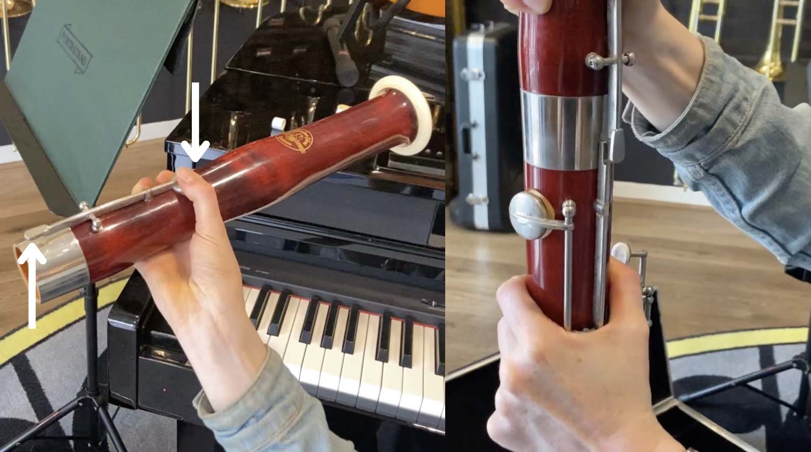 Two images side by side. On the left side, an arrow points down onto the key on the bell. A finger is pushing it down, causing it to raise where the joint connects into the long joint. On the right side, the key on the bell is aligned with the key on the long joint. 