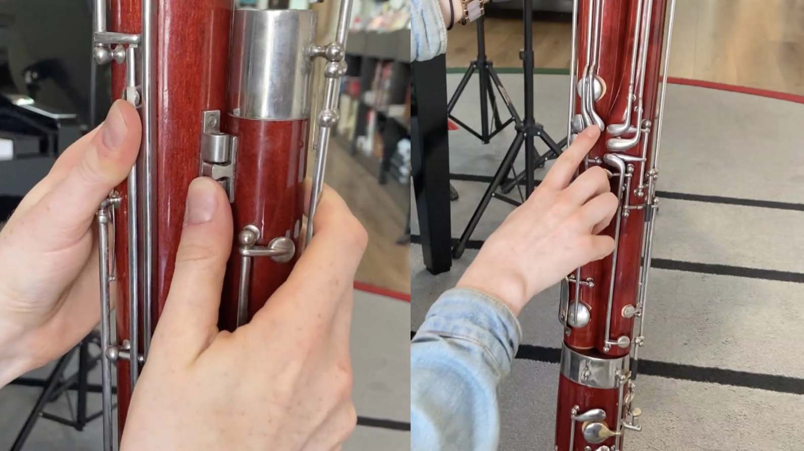 Two images side by side. On the left, the longing mechanism of the long joint and the wing joint are being aligned. On the right, there is a small gap between the keys on these parts.