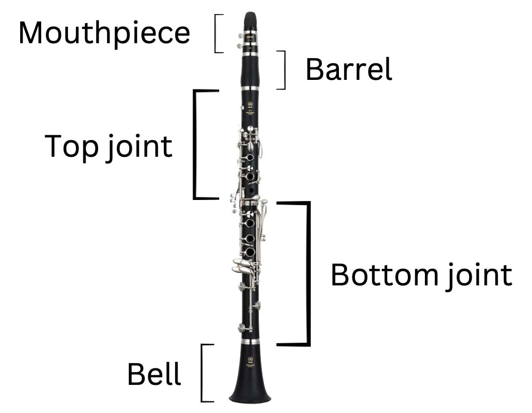 Diagram of a clarinet. From top to bottom - Mouthpiece, barrel, top joint, bottom joint, bell