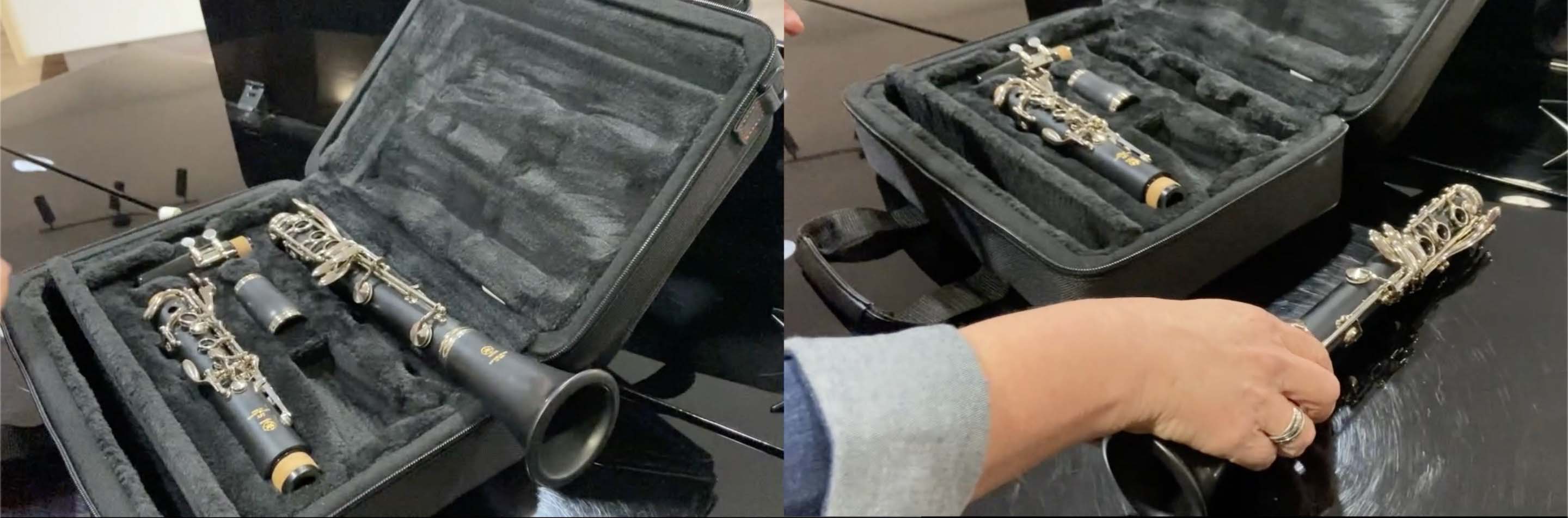 Two images side by side. On the left side, the bell and bottom joint has been placed onto the open case. On the right side, the bell and bottom joint is sitting on the piano next to the open case.