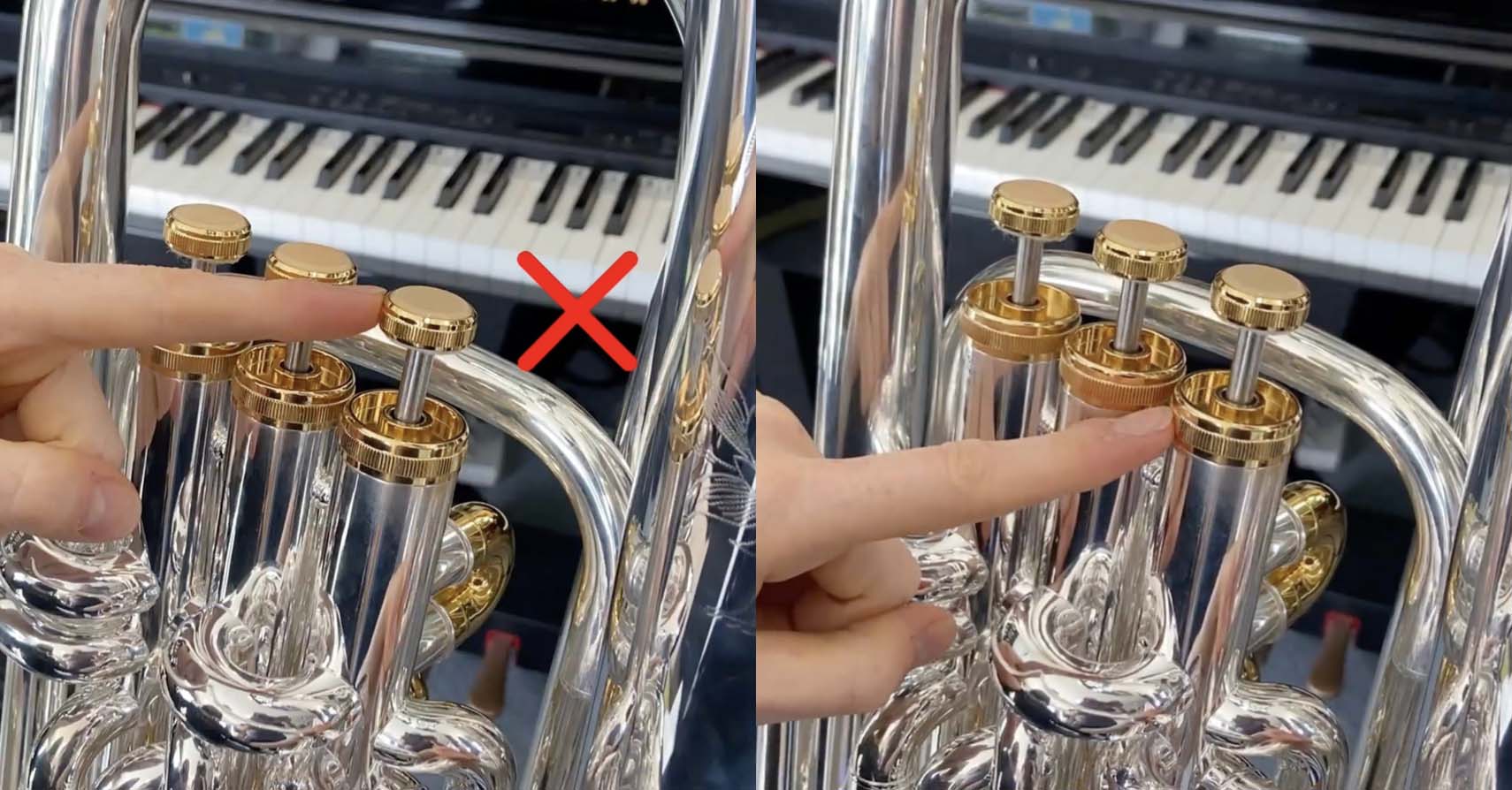 Two images side by side. On the left, a red cross is shown next to the top of the euphonium valve button, with a finger pointed towards it. On the right, a finger points to the top of the valve casing.