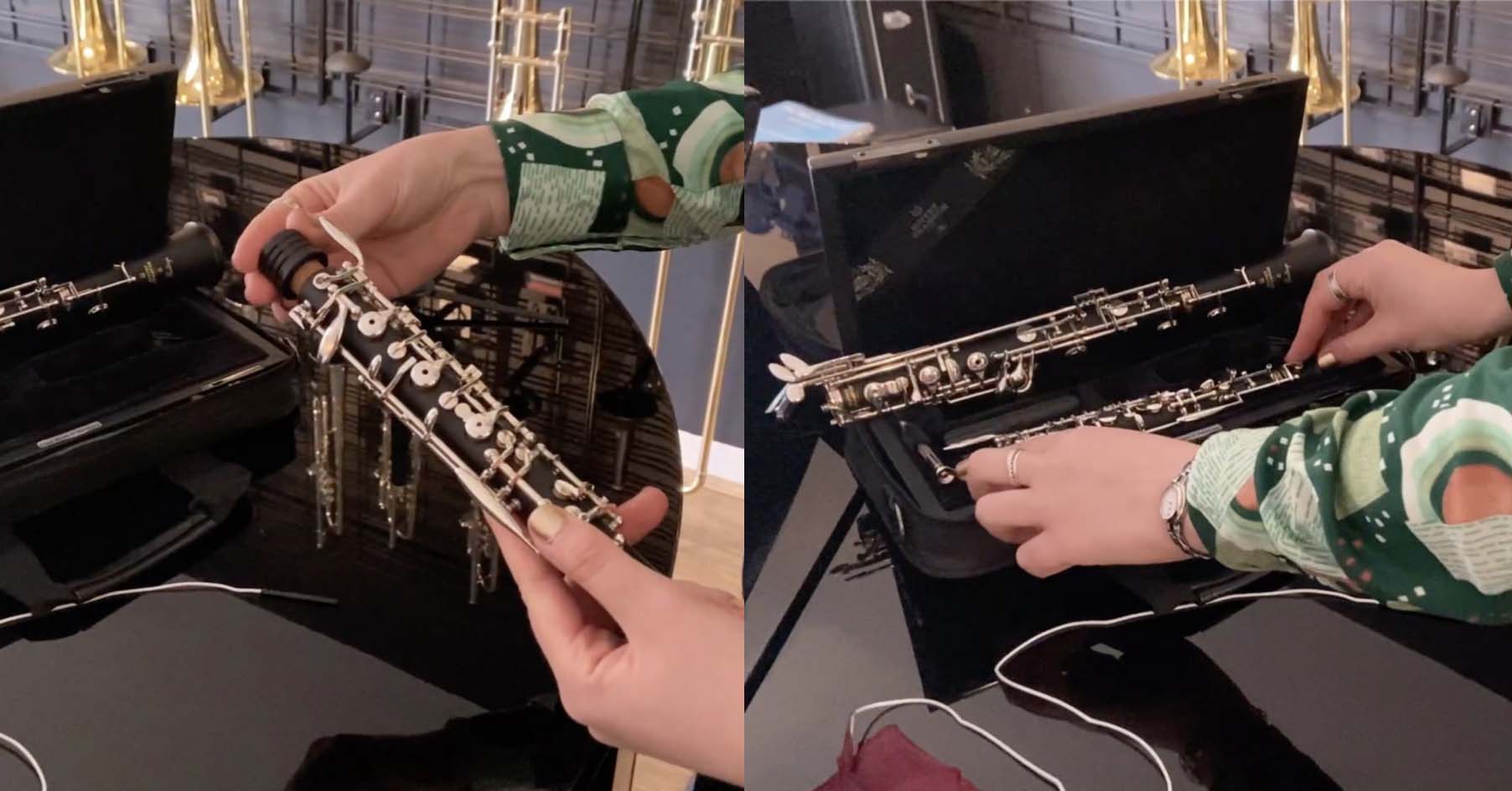 Two images side by side. On the left, the end cap is being placed over the tenon. On the right, the top joint is being put into the oboe case.