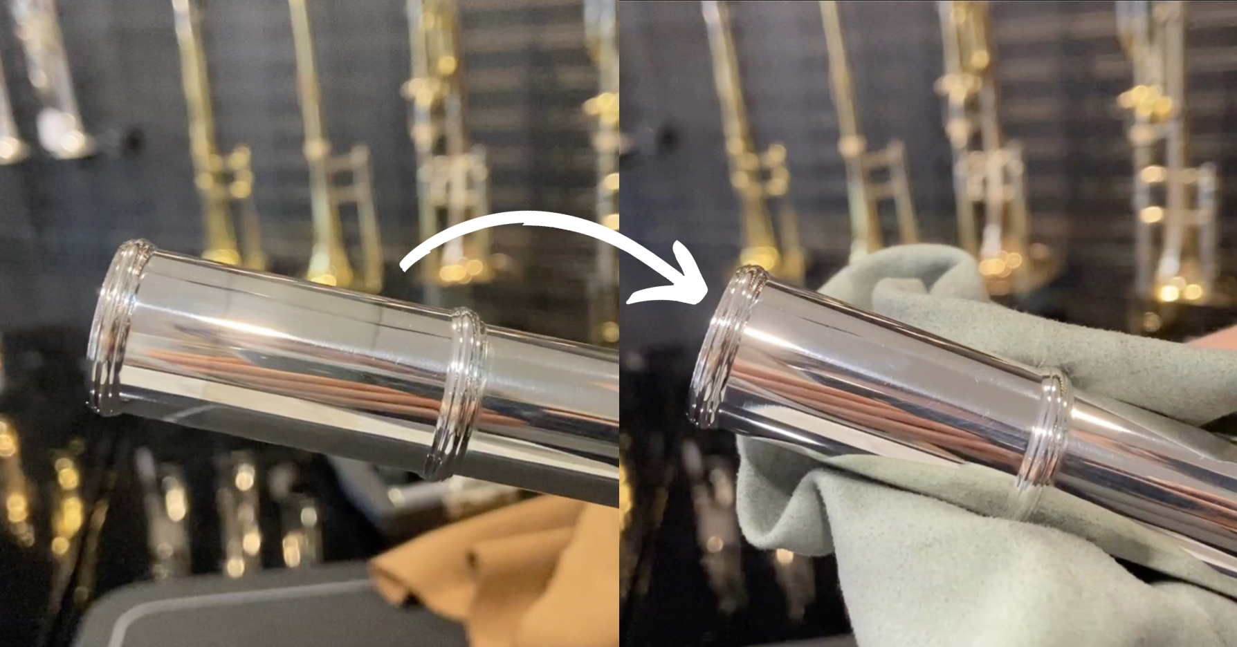 Two images side by side. On the left, there is visible tarnish on the flute. On the right, the same spot is shiny and the tarnish has been removed.