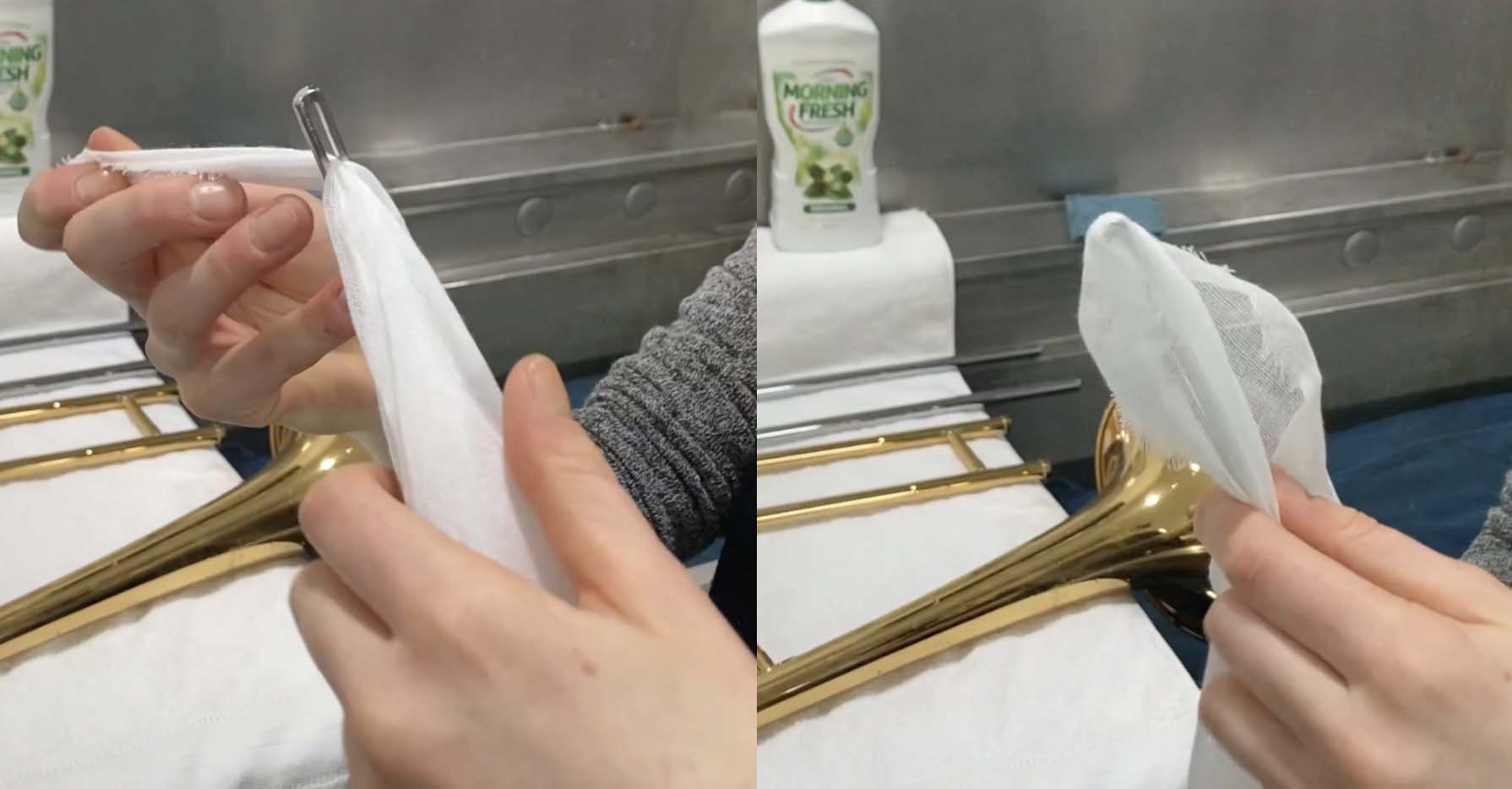 Two images side by side. On the left, a thin, white cloth is being pulled through the top of the trombone cleaning rod. On the right, the cloth is being wrapped around the rod.